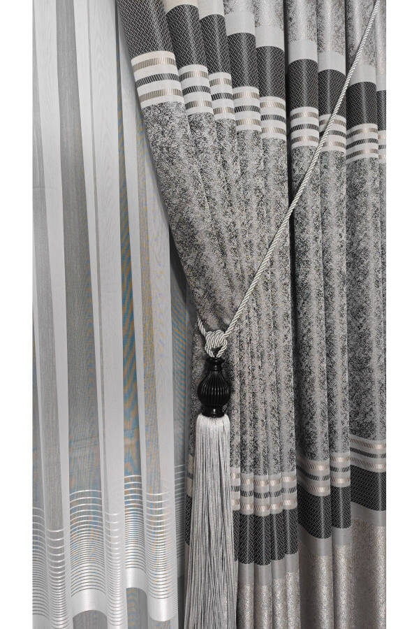 Panel Curtain Grey Anthracite Striped Patterned Single Wing Tight Pleated Jacquard Semi-Gloss - 3