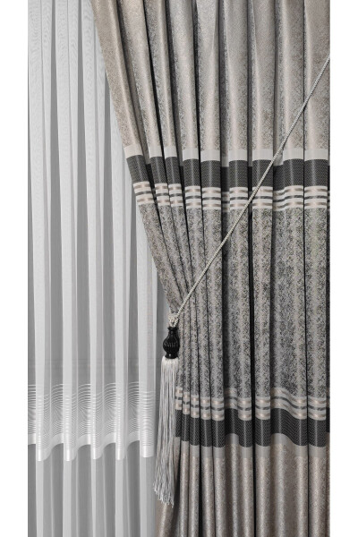 Panel Curtain Grey Anthracite Striped Patterned Single Wing Tight Pleated Jacquard Semi-Gloss - 4