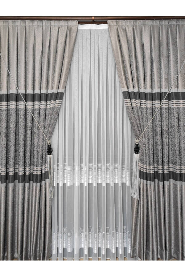 Panel Curtain Grey Anthracite Striped Patterned Single Wing Tight Pleated Jacquard Semi-Gloss - 5