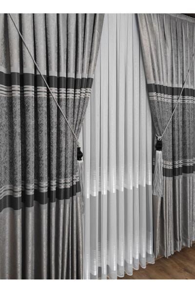 Panel Curtain Grey Anthracite Striped Patterned Single Wing Tight Pleated Jacquard Semi-Gloss - 6