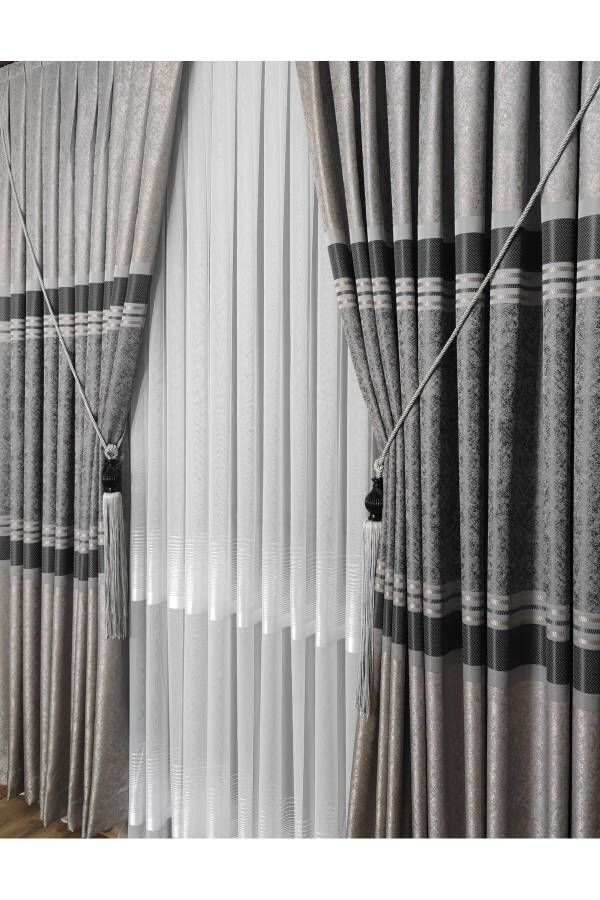 Panel Curtain Grey Anthracite Striped Patterned Single Wing Tight Pleated Jacquard Semi-Gloss - 7