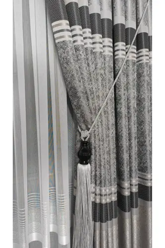 Panel Curtain Grey Anthracite Striped Patterned Single Wing Tight Pleated Jacquard Semi-Gloss - 3