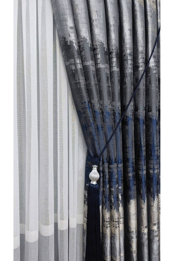 Panel Curtain Navy Black Gray Multicolored Patterned Single Wing Tight Pleated Yuka Home Luxury Series - 1