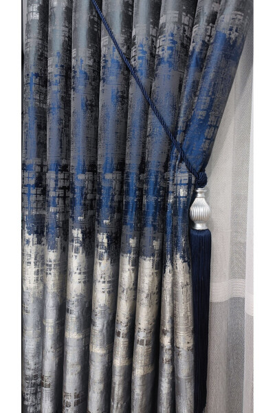 Panel Curtain Navy Black Gray Multicolored Patterned Single Wing Tight Pleated Yuka Home Luxury Series - 3