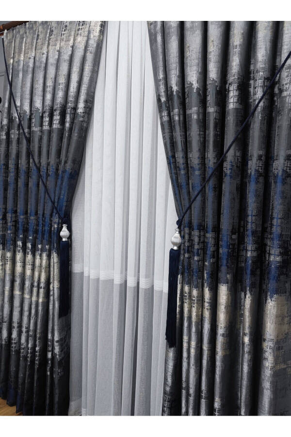 Panel Curtain Navy Black Gray Multicolored Patterned Single Wing Tight Pleated Yuka Home Luxury Series - 5