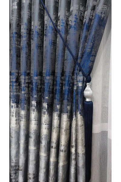 Panel Curtain Navy Black Gray Multicolored Patterned Single Wing Tight Pleated Yuka Home Luxury Series - 3
