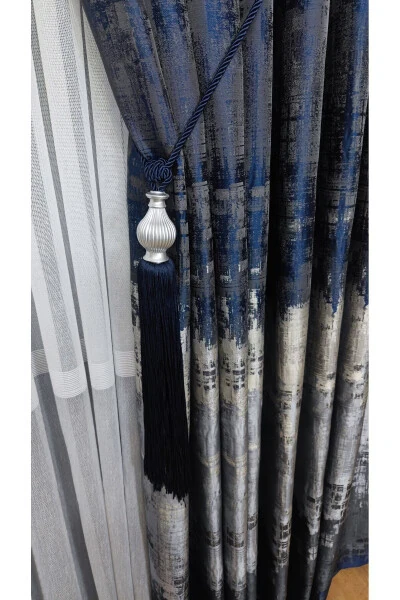 Panel Curtain Navy Black Gray Multicolored Patterned Single Wing Tight Pleated Yuka Home Luxury Series - 4