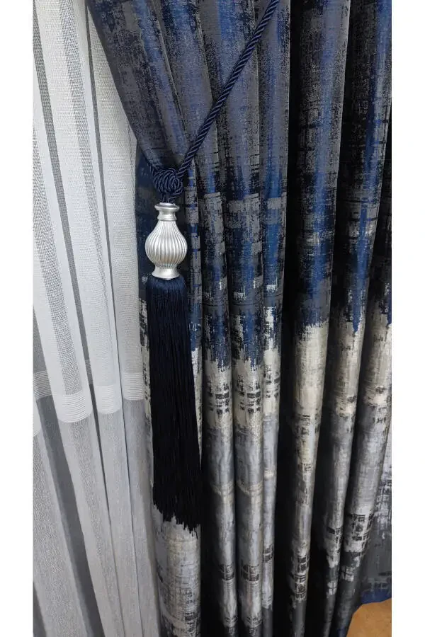 Panel Curtain Navy Black Gray Multicolored Patterned Single Wing Tight Pleated Yuka Home Luxury Series - 4