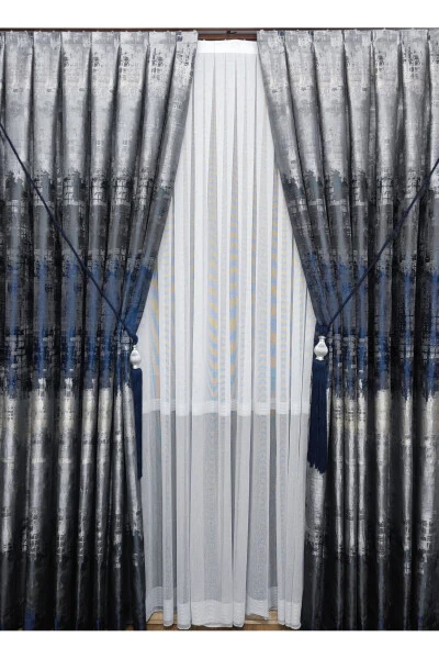 Panel Curtain Navy Black Gray Multicolored Patterned Single Wing Tight Pleated Yuka Home Luxury Series - 7