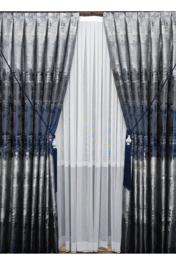 Panel Curtain Navy Black Gray Multicolored Patterned Single Wing Tight Pleated Yuka Home Luxury Series - 7