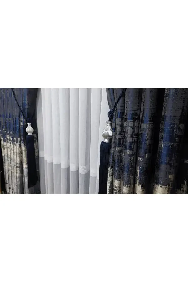 Panel Curtain Navy Black Gray Multicolored Patterned Single Wing Tight Pleated Yuka Home Luxury Series - 8