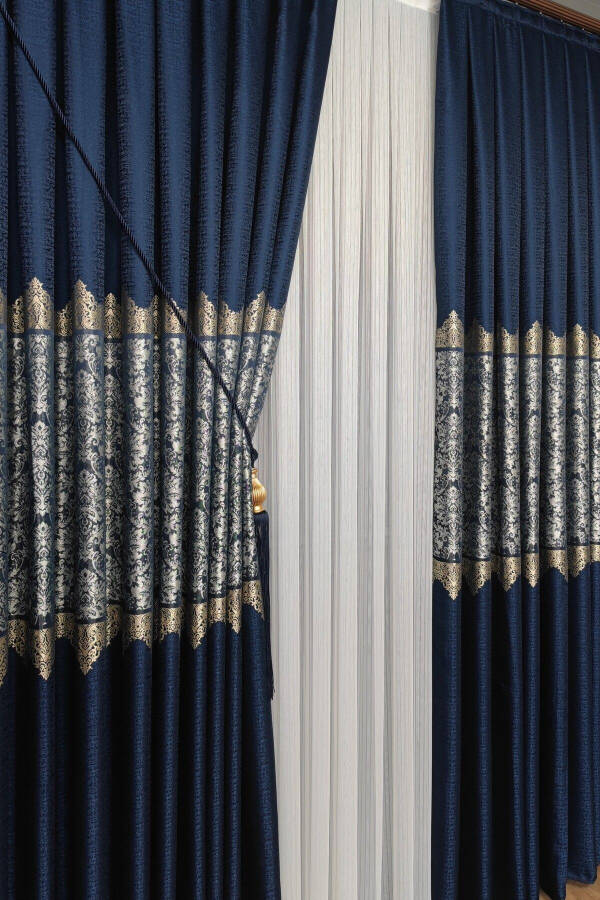 Panel Curtain Navy Grey Single Panel Pleated Jacquard Shiny Patterned - 4