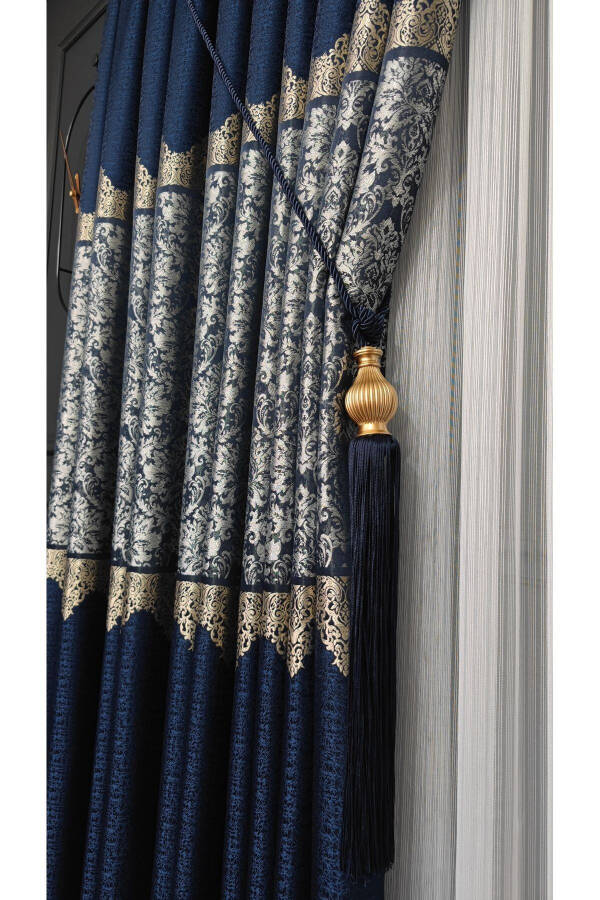 Panel Curtain Navy Grey Single Panel Pleated Jacquard Shiny Patterned - 6