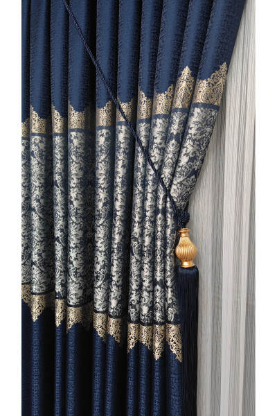 Panel Curtain Navy Grey Single Panel Pleated Jacquard Shiny Patterned - 8