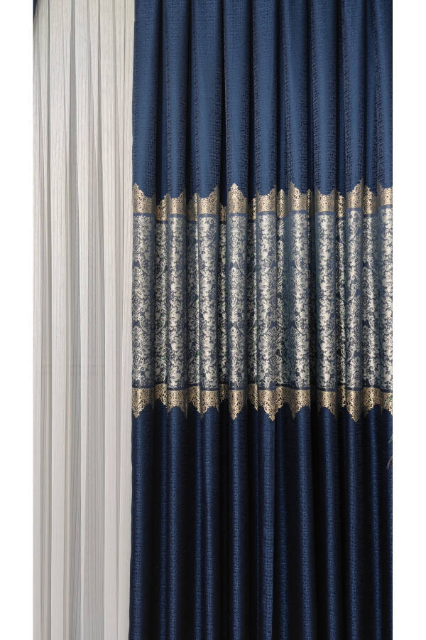 Panel Curtain Navy Grey Single Panel Pleated Jacquard Shiny Patterned - 14