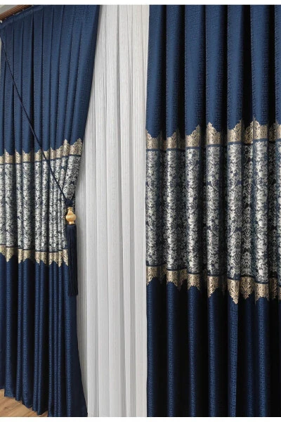 Panel Curtain Navy Grey Single Panel Pleated Jacquard Shiny Patterned - 5