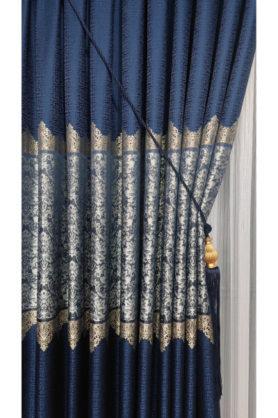Panel Curtain Navy Grey Single Panel Pleated Jacquard Shiny Patterned - YUKA