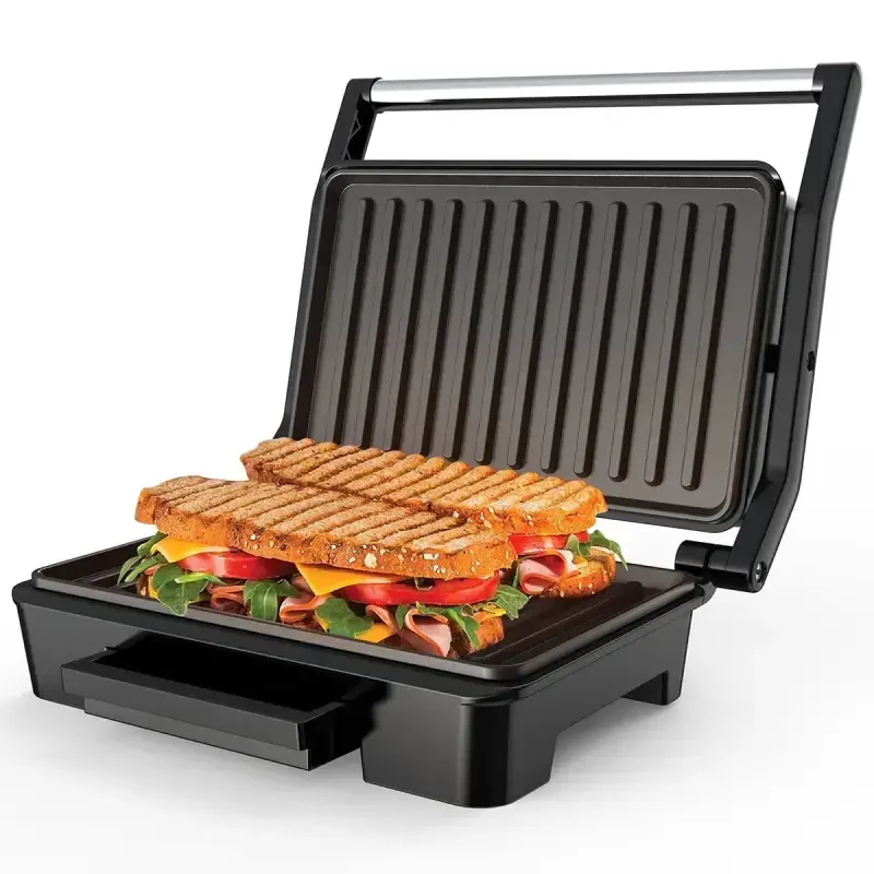 GPED Panini Press Grill, Stainless Steel Sandwich Maker with Double Non-Stick Coated Plates & Removable Drip Tray, 10.6