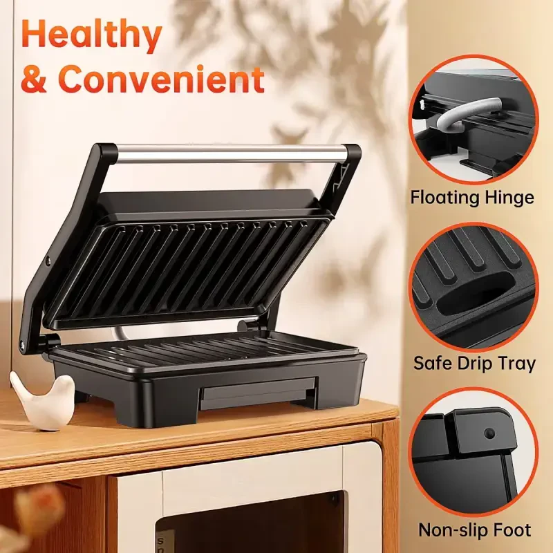 GPED Panini Press Grill, Stainless Steel Sandwich Maker with Double Non-Stick Coated Plates & Removable Drip Tray, 10.6