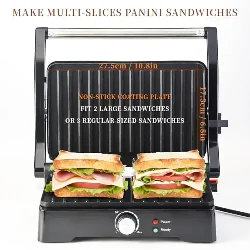Panini Press Grill Sandwich Maker, Large Electric 3 in 1 Panini Sandwich Maker Grill, Open 180 Degrees for Grill Indoor, Perfect for Grilling Steaks, Burger, Sandwich,Non-stick Pan, Black - Modazone (1)