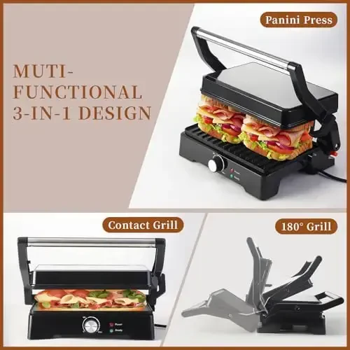 Panini Press Grill Sandwich Maker, Large Electric 3 in 1 Panini Sandwich Maker Grill, Open 180 Degrees for Grill Indoor, Perfect for Grilling Steaks, Burger, Sandwich,Non-stick Pan, Black - 4