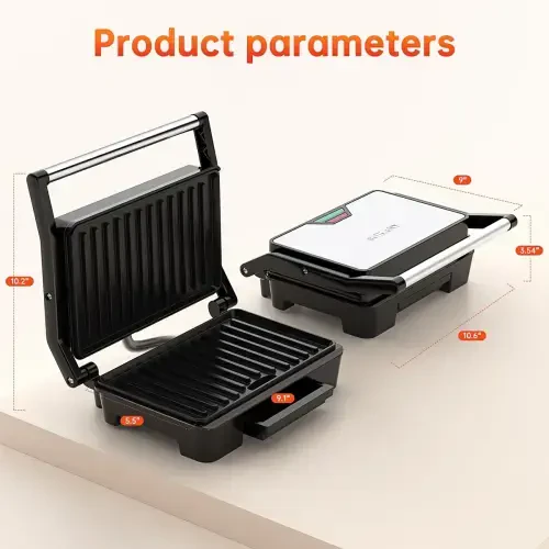 GPED Panini Press Sandwich Maker, 2 Slice Stainless Steel Panini Press Grill, Non-Stick Sandwich Press Maker with Removable Drip Tray for Any Thickness Sandwich, Burgers, Steak- - 6