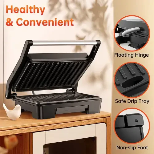 Panini Press Grill, Stainless Steel Sandwich Maker with Double Non-Stick Coated Plates & Removable Drip Tray, 10.6