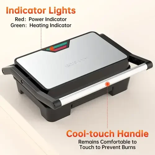 Panini Press Grill, Stainless Steel Sandwich Maker with Double Non-Stick Coated Plates & Removable Drip Tray, 10.6