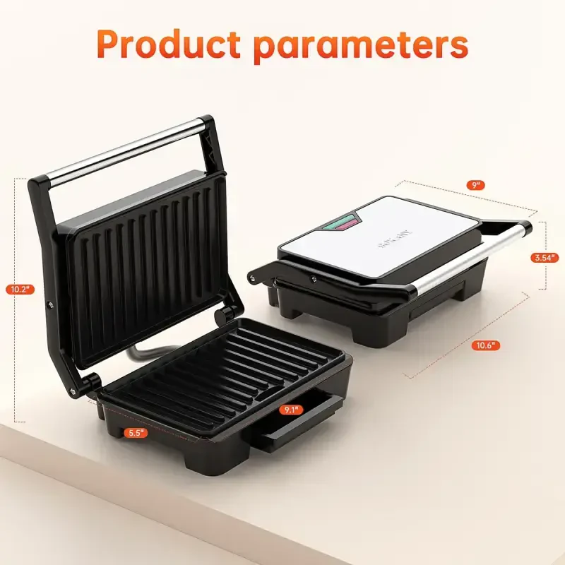 Panini Press Grill, Stainless Steel Sandwich Maker with Double Non-Stick Coated Plates & Removable Drip Tray, 10.6