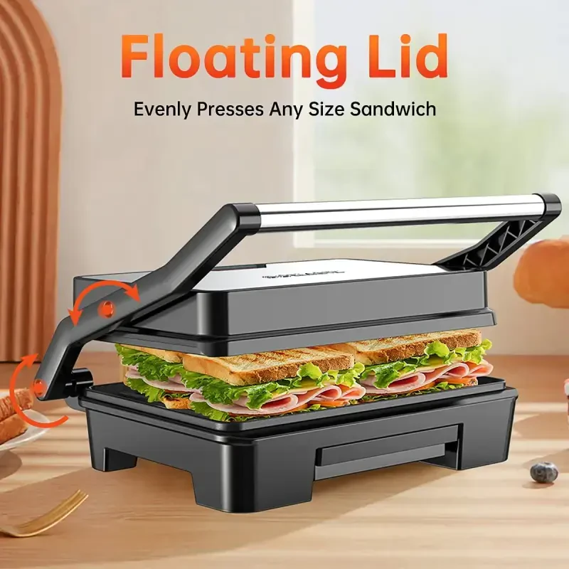 Panini Press Grill, Stainless Steel Sandwich Maker with Double Non-Stick Coated Plates & Removable Drip Tray, 10.6