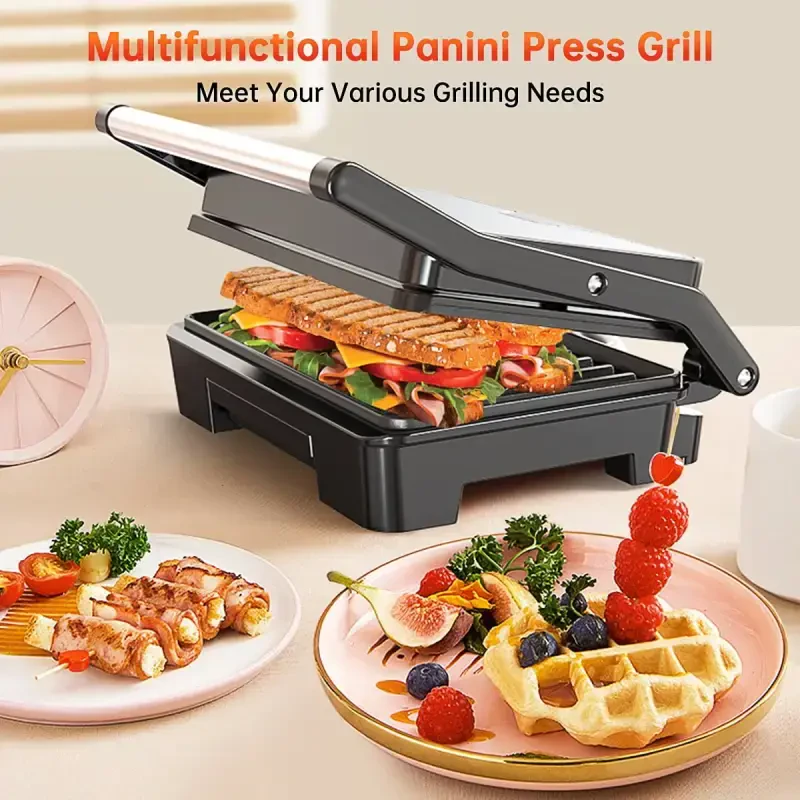 Panini Press Grilli, zanglamaydigan po'latdan yasalgan sendvich tayyorlovchi, qo'shaloq yopishmaydigan qoplamali plastinalar va olinadigan tomchilab turuvchi patnis bilan, 10,6