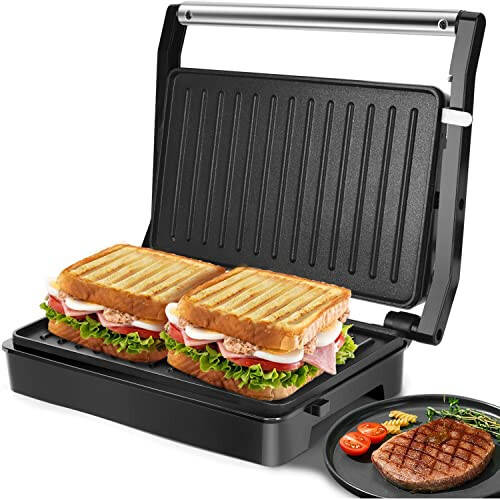 Panini Press Sandviç yasash mashinasi, Aigostar 1000W sendvich press gril, yopishqoq qoplamalar, indikator chiroq, qulflash qopqoq, sovuq ushlash tutqichi, Panini Press grilini saqlash va tozalash oson - 1