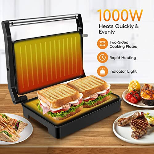 Panini Press Sandviç yasash mashinasi, Aigostar 1000W sendvich press gril, yopishqoq qoplamalar, indikator chiroq, qulflash qopqoq, sovuq ushlash tutqichi, Panini Press grilini saqlash va tozalash oson - 2