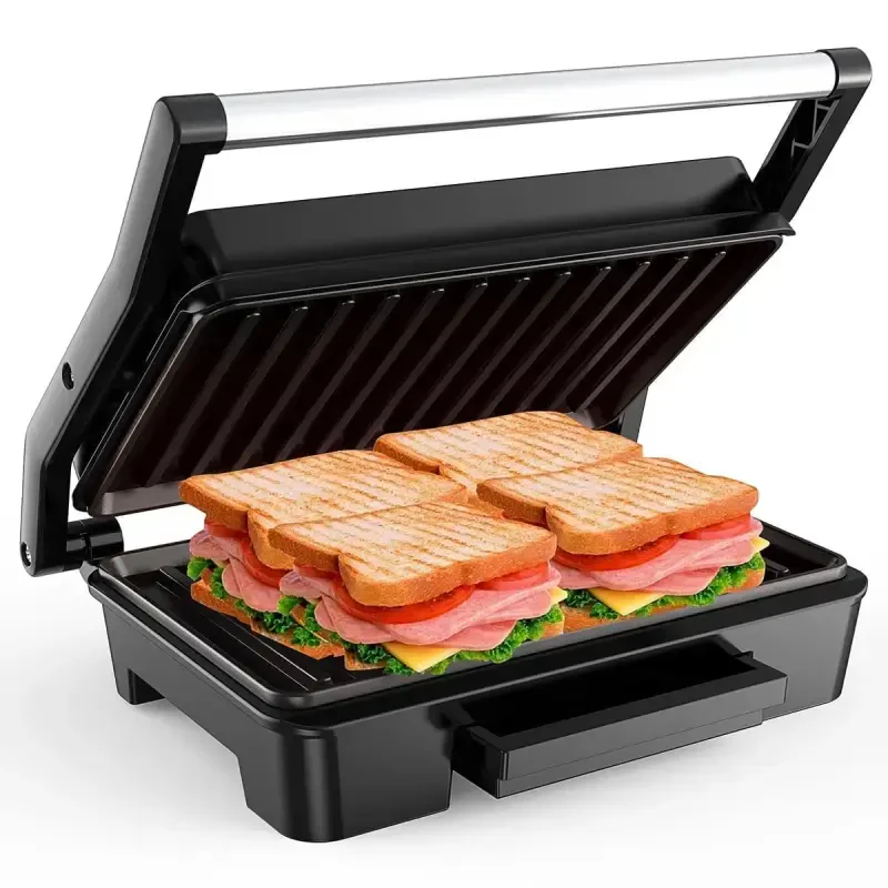 Panini Press Sandwich Maker, 2 Slice Stainless Steel Panini Press Grill, Non-Stick Sandwich Press Maker with Removable Drip Tray for Any Thickness Sandwich, Burgers, Steak - 1