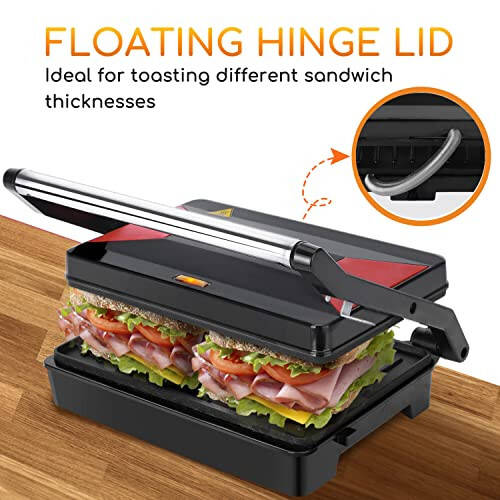 Panini Press Sandwich Maker, Aigostar 1000W Sandwich Press Grill with Non-Stick Coated Plates, Indicator Light, Locking Lid, Cool Touch Handle, Panini Maker Panini Press Grill Easy to Storage & Clean - 4