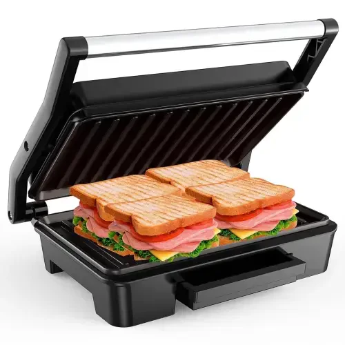 Panini Press Sendvich Tayyorlagich, 2 Dilimli Zanglamaydigan Po'latdan Yasalgan Panini Press Gril, Qalinligi Har Xil Bo'lgan Sendvichlar, Burgerlar, Bifteklar Uchun Olib Tashlanadigan Tomchilab Turuvchi Patnisli Yapışmaydigan Sendvich Press Tayyorlagich. - 1