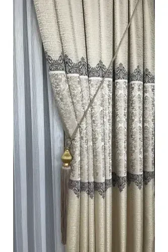 Pano Fon Parda Krem Bej Bir Qanotli Zich Burmali Jakard Yarim Yaltiroq Naqshli 100 X 260-Krem Bej 111 - 3