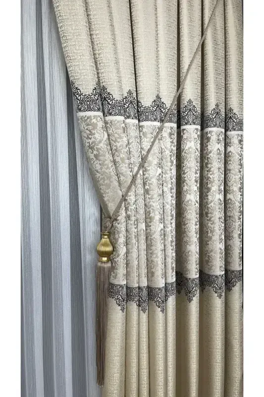 Pano Fon Parda Krem Bej Bir Qanotli Zich Burmali Jakard Yarim Yaltiroq Naqshli 100 X 260-Krem Bej 111 - 3