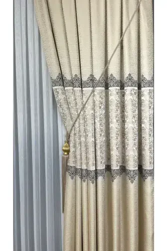 Pano Fon Parda Krem Bej Bir Qanotli Zich Burmali Jakard Yarim Yaltiroq Naqshli 100 X 260-Krem Bej 111 - 4