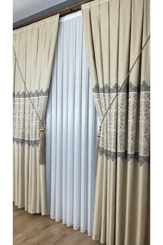 Pano Fon Parda Krem Bej Bir Qanotli Zich Burmali Jakard Yarim Yaltiroq Naqshli 100 X 260-Krem Bej 111 - 7