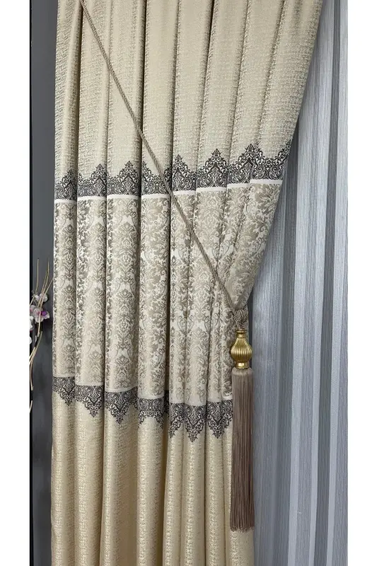 Pano Fon Parda Krem Bej Bir Qanotli Zich Burmali Jakard Yarim Yaltiroq Naqshli 100 X 260-Krem Bej 111 - 1