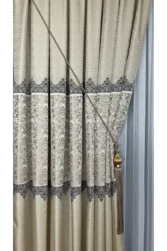 Pano Fon Parda Krem Bej Bir Qanotli Zich Burmali Jakard Yarim Yaltiroq Naqshli 100 X 260-Krem Bej 111 - YUKA (1)