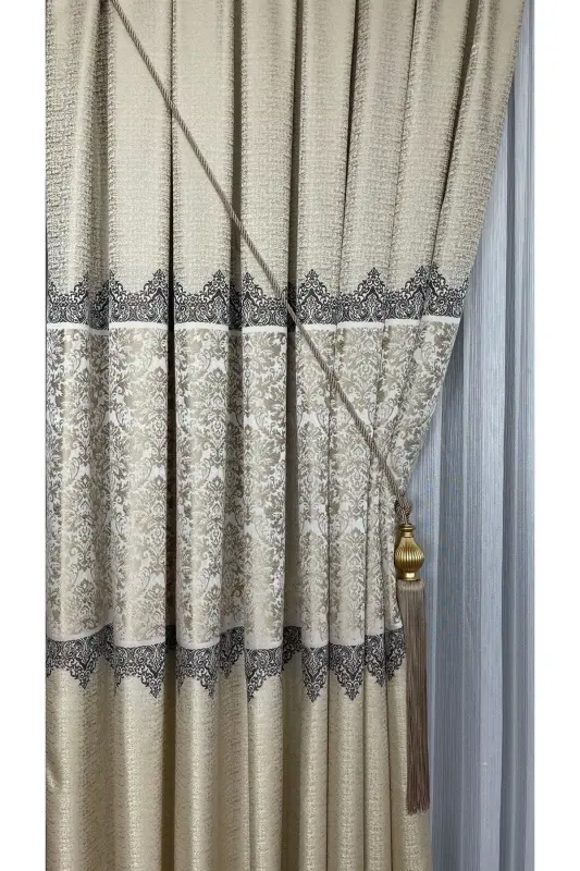 Pano Fon Parda Krem Bej Bir Qanotli Zich Burmali Jakard Yarim Yaltiroq Naqshli 100 X 260-Krem Bej 111 - 2