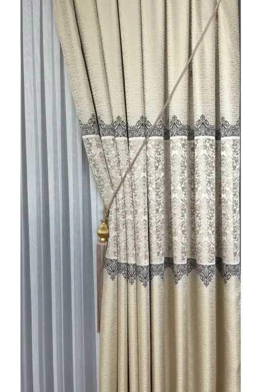 Pano Fon Parda Krem Bej Bir Qanotli Zich Burmali Jakard Yarim Yaltiroq Naqshli 100 X 260-Krem Bej 111 - 4