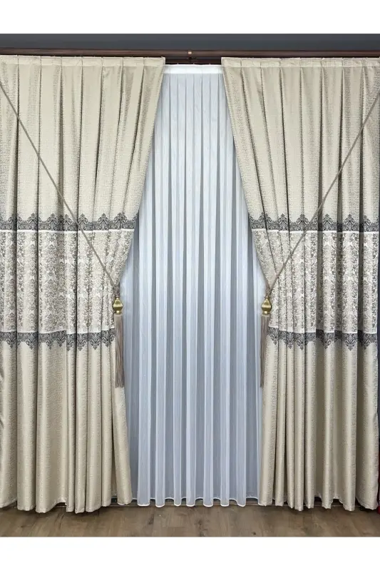 Pano Fon Parda Krem Bej Bir Qanotli Zich Burmali Jakard Yarim Yaltiroq Naqshli 100 X 260-Krem Bej 111 - 5