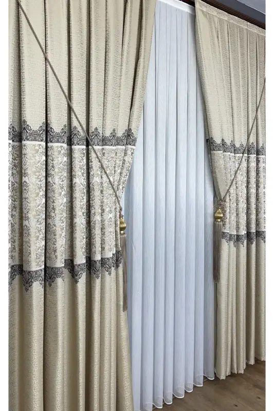 Pano Fon Parda Krem Bej Bir Qanotli Zich Burmali Jakard Yarim Yaltiroq Naqshli 100 X 260-Krem Bej 111 - 6