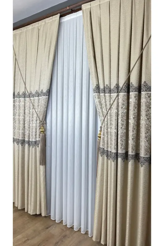 Pano Fon Parda Krem Bej Bir Qanotli Zich Burmali Jakard Yarim Yaltiroq Naqshli 100 X 260-Krem Bej 111 - 7