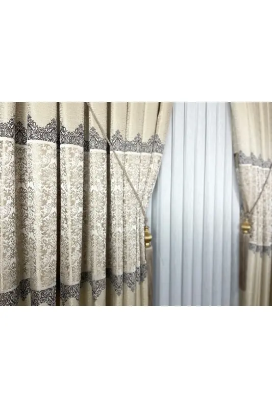 Pano Fon Parda Krem Bej Bir Qanotli Zich Burmali Jakard Yarim Yaltiroq Naqshli 100 X 260-Krem Bej 111 - 8