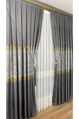 Pano Fon Perde Gri Tek Kanat Sık Pileli Jakarlı Yarı Parlak Desenli 100 X 260 - Gri 2511 - 6