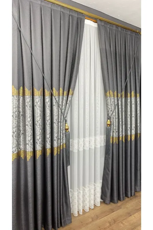 Pano Fon Perde Gri Tek Kanat Sık Pileli Jakarlı Yarı Parlak Desenli 100 X 260 - Gri 2511 - 6